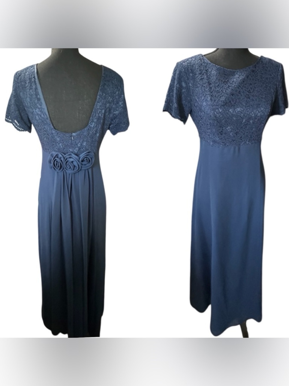 Navy Lace Bodice Maxi Dress with Rosette Waist